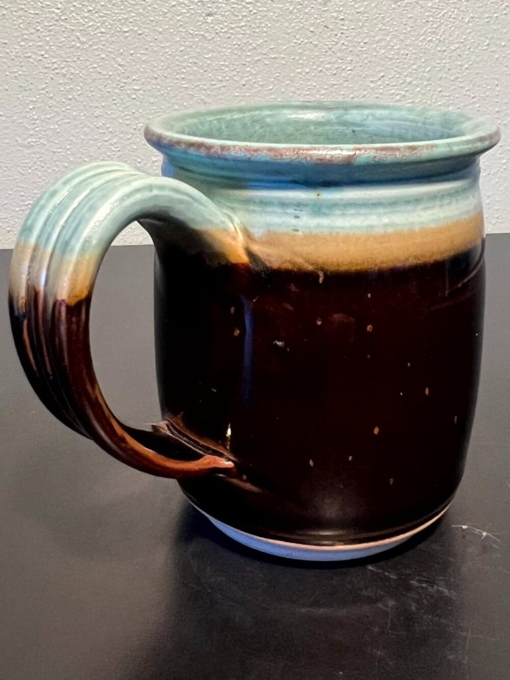 Royce Yoder Signed Handmade Studio Art Pottery Mug Teal Brown Glazed Stoneware